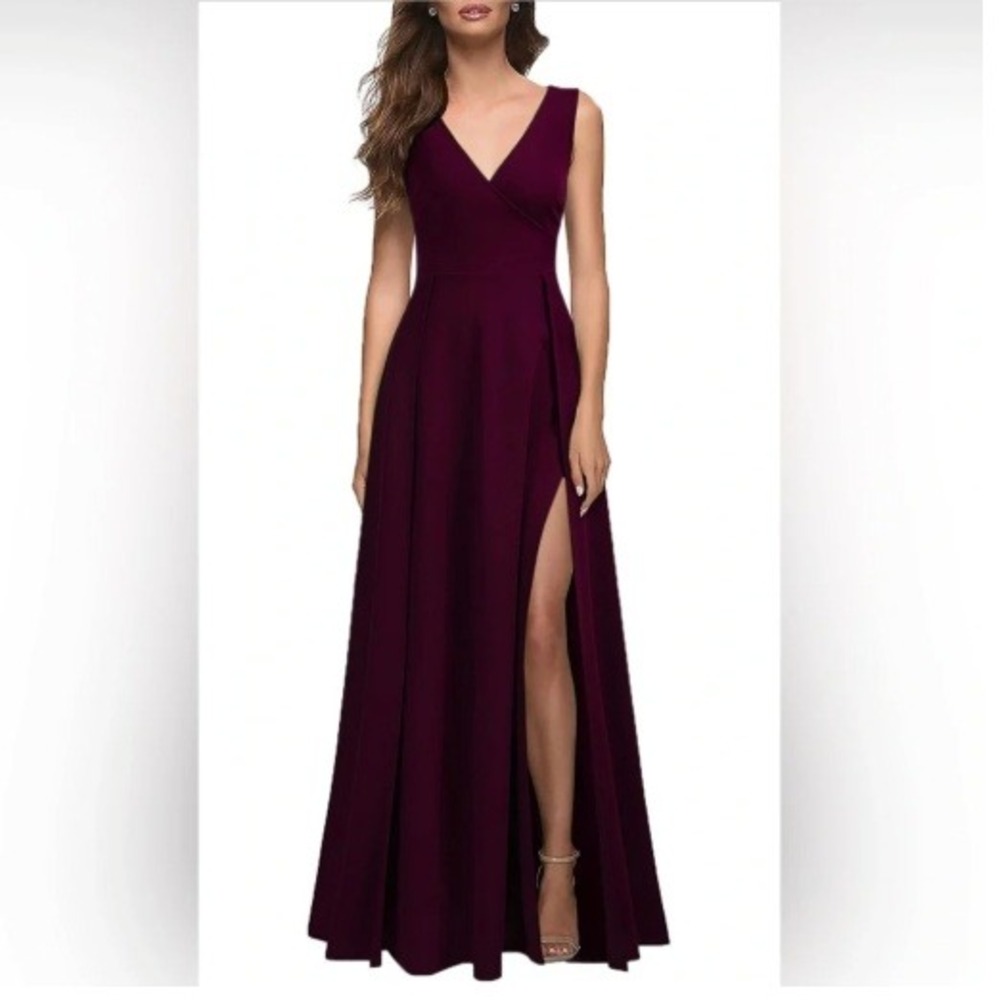 Mushare Plum Burgundy Sleeveless V-Neck Split Front Maxi Dress Large Formal NWT